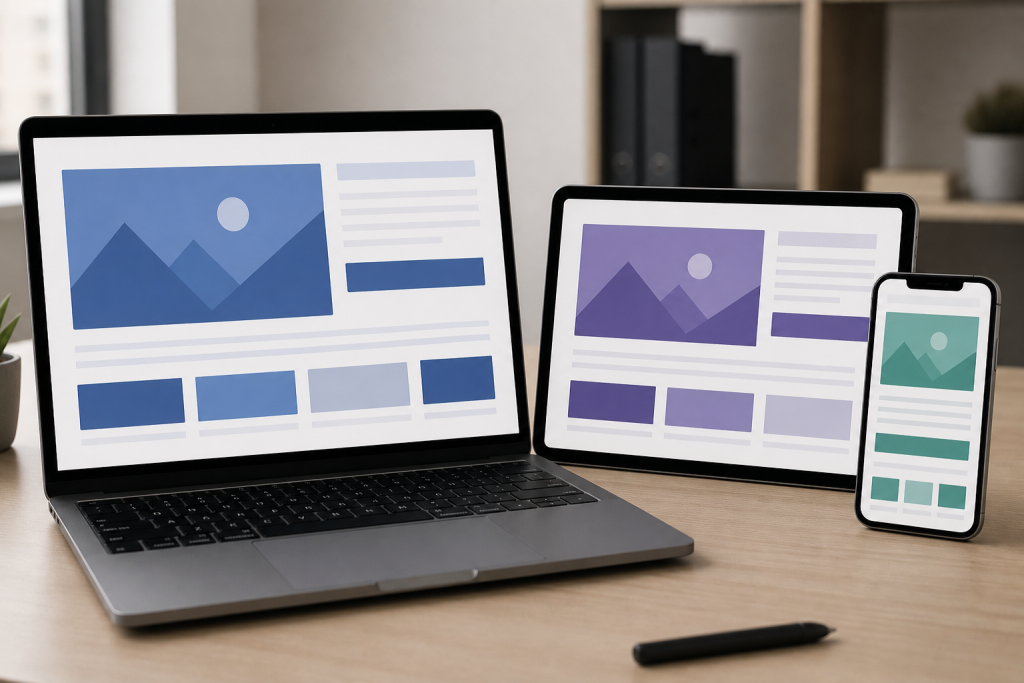 Responsive Arabic-English website interface across devices